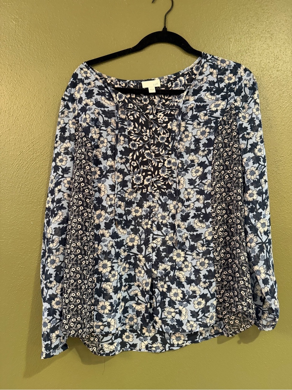 J. Jill Blue Floral Patchwork Long-Sleeve Blouse